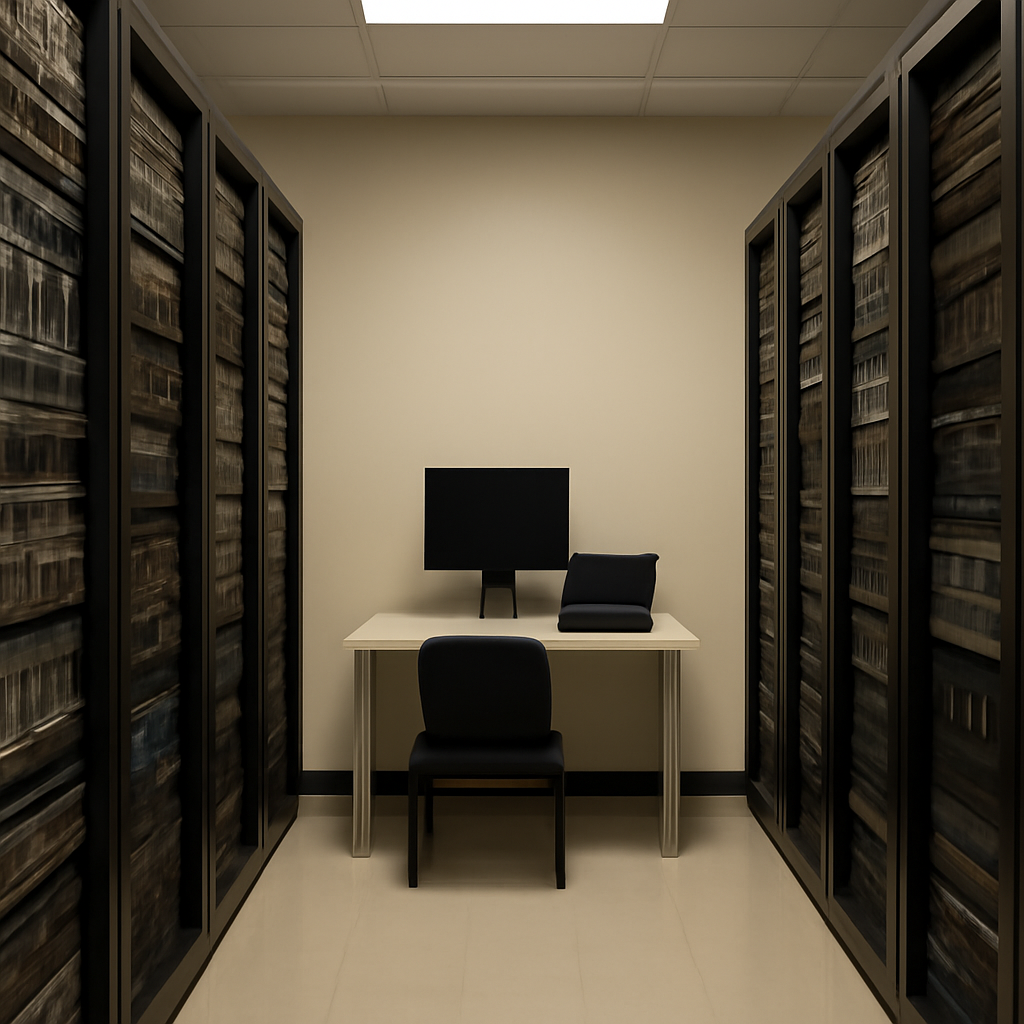 Rows of computer equipment and racks in a calm, indoor-lit server room with a single unoccupied workstation centered in…