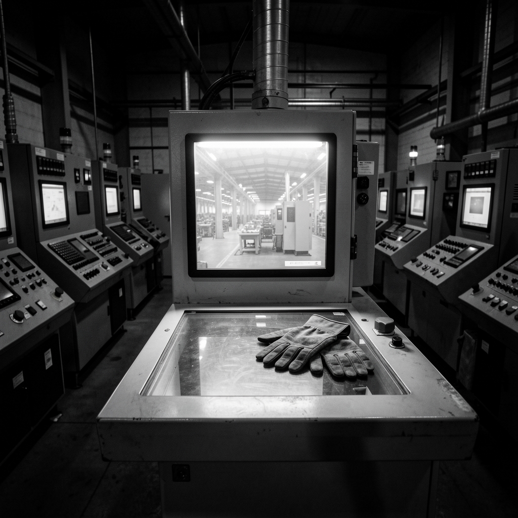 Dimly lit industrial control room with a brightly lit electrical cabinet and machinery in shadows.