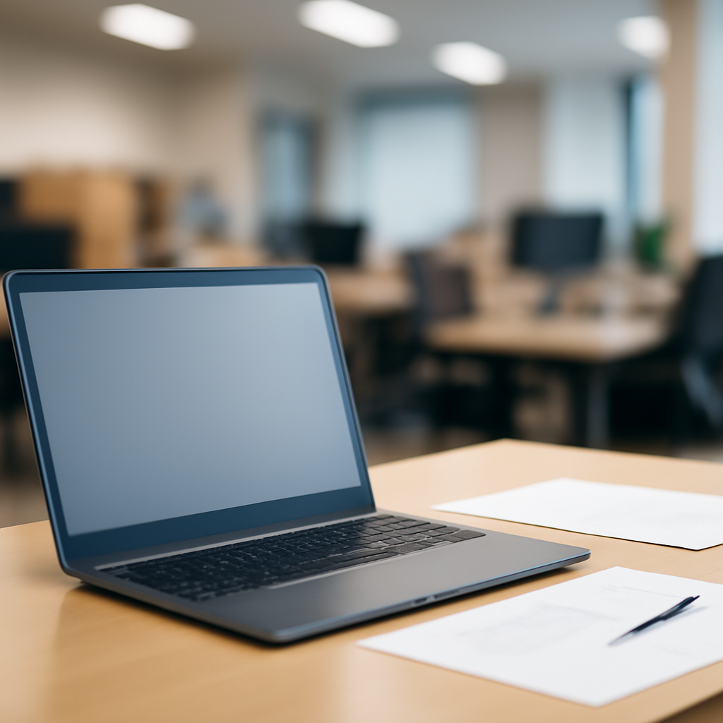 Typical office workstation with laptop and papers on a blurred background.