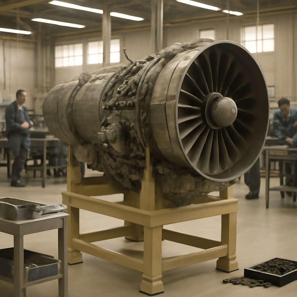 Workers in a facility assemble a large aircraft engine component on a workbench.