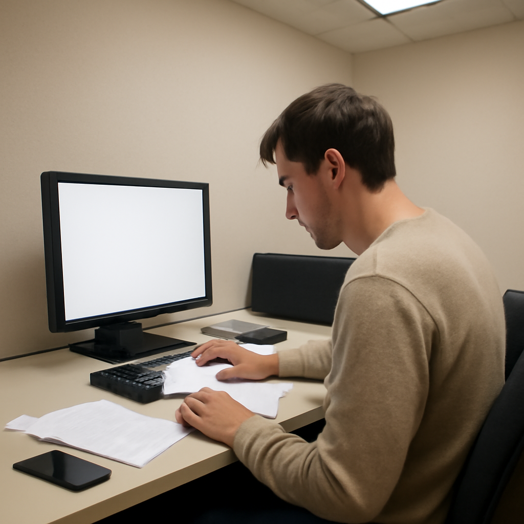 Person typing on a keyboard with a blank laptop screen in front, face turned away.