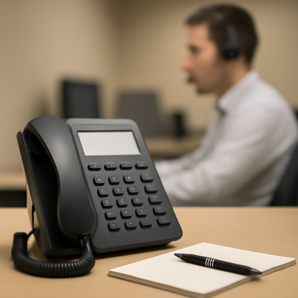 Phone on a desk in a customer service setting with a person working at a computer in the background.
