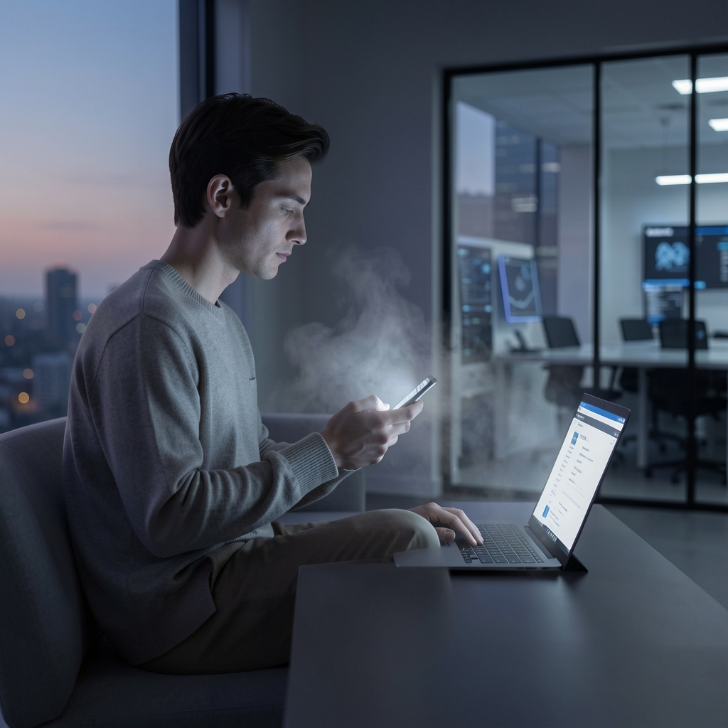 Person in modern room with city view uses smartphone and laptop in serene, dimly lit setting.