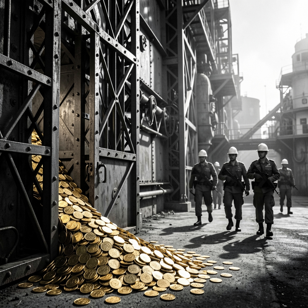 Fortress-like industrial facility with gate ajar, gold coins spilling out, workers in background.