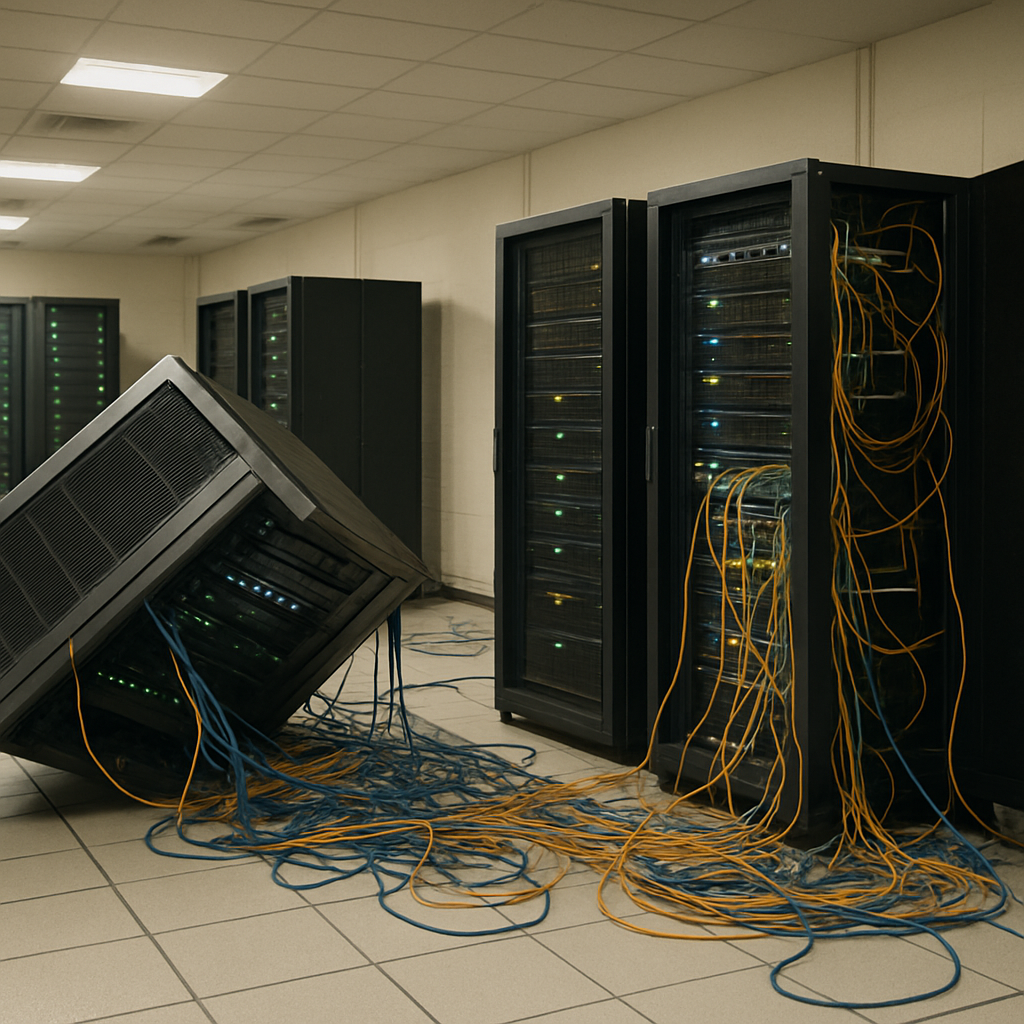Rows of computer equipment and cables in a brightly-lit server room or network operations center.