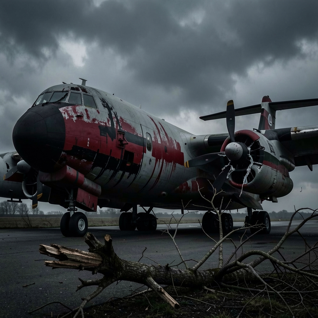 British tanker aircraft vandalised with red and black paint, set against a stormy sky with a broken tree branch in the…