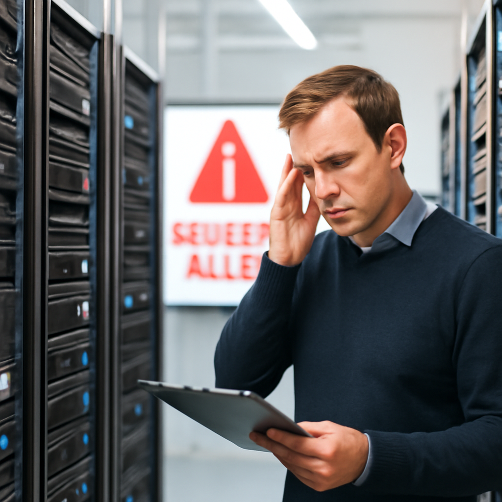 Technician inspects servers in a brightly-lit data center amid a security alert.
