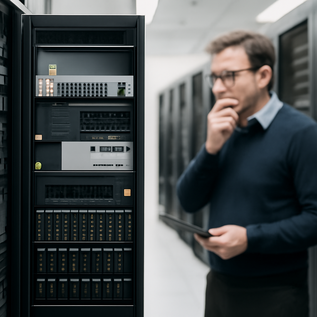 Technician troubleshoots highlighted server in data center amidst concern.