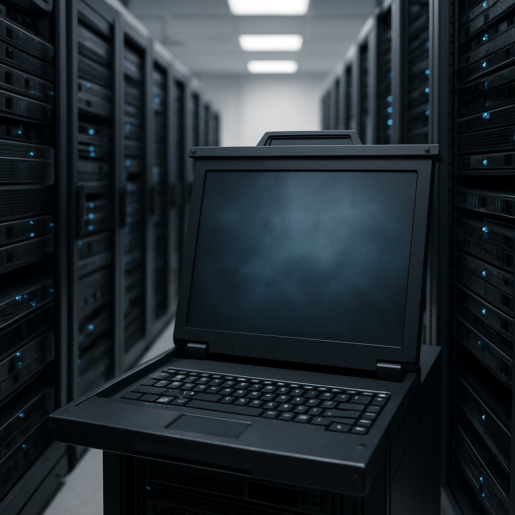 Rows of computer servers and equipment in a server room, with a single terminal's blank screen in the foreground.