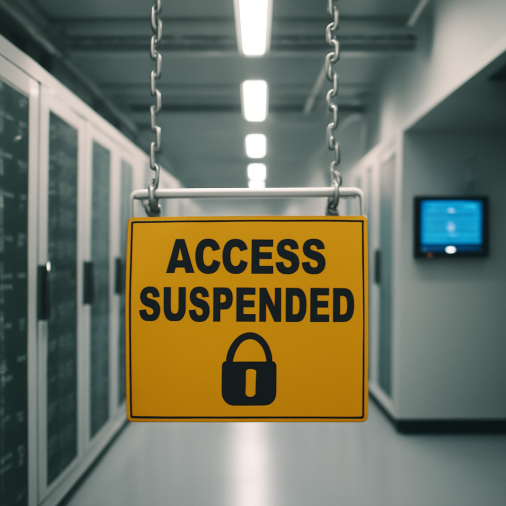 Rows of secure data storage equipment with suspended access gear and a blurred control panel in the background.