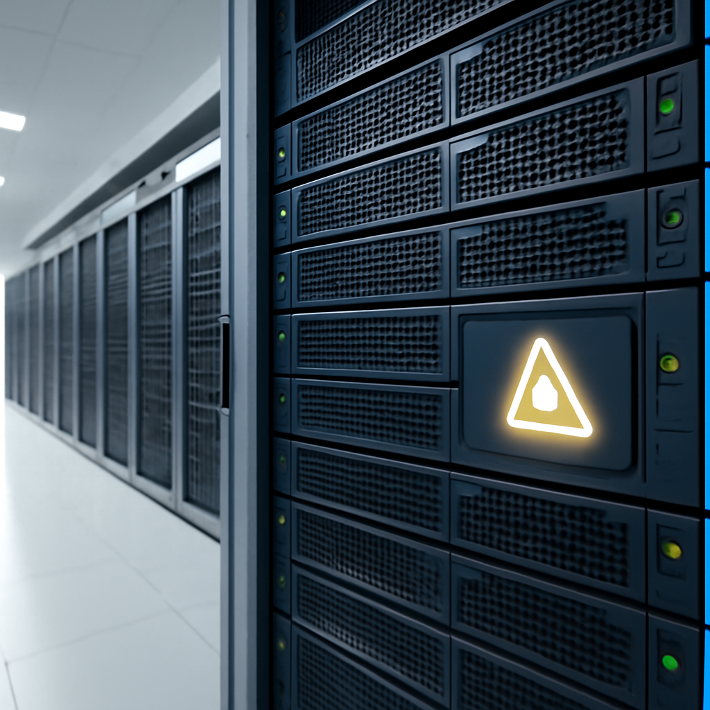 Server room with equipment racks and a highlighted security alert on one device.