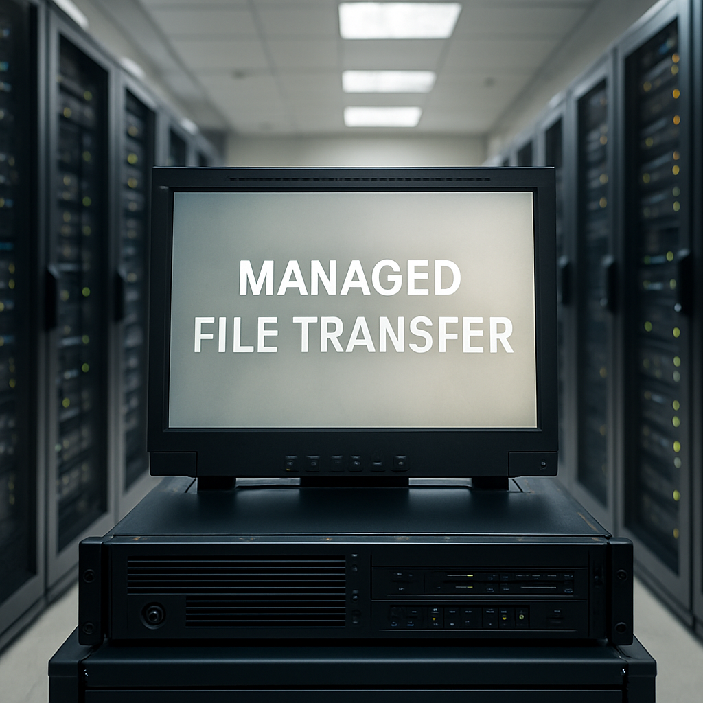Secure server room with prominent terminal display.