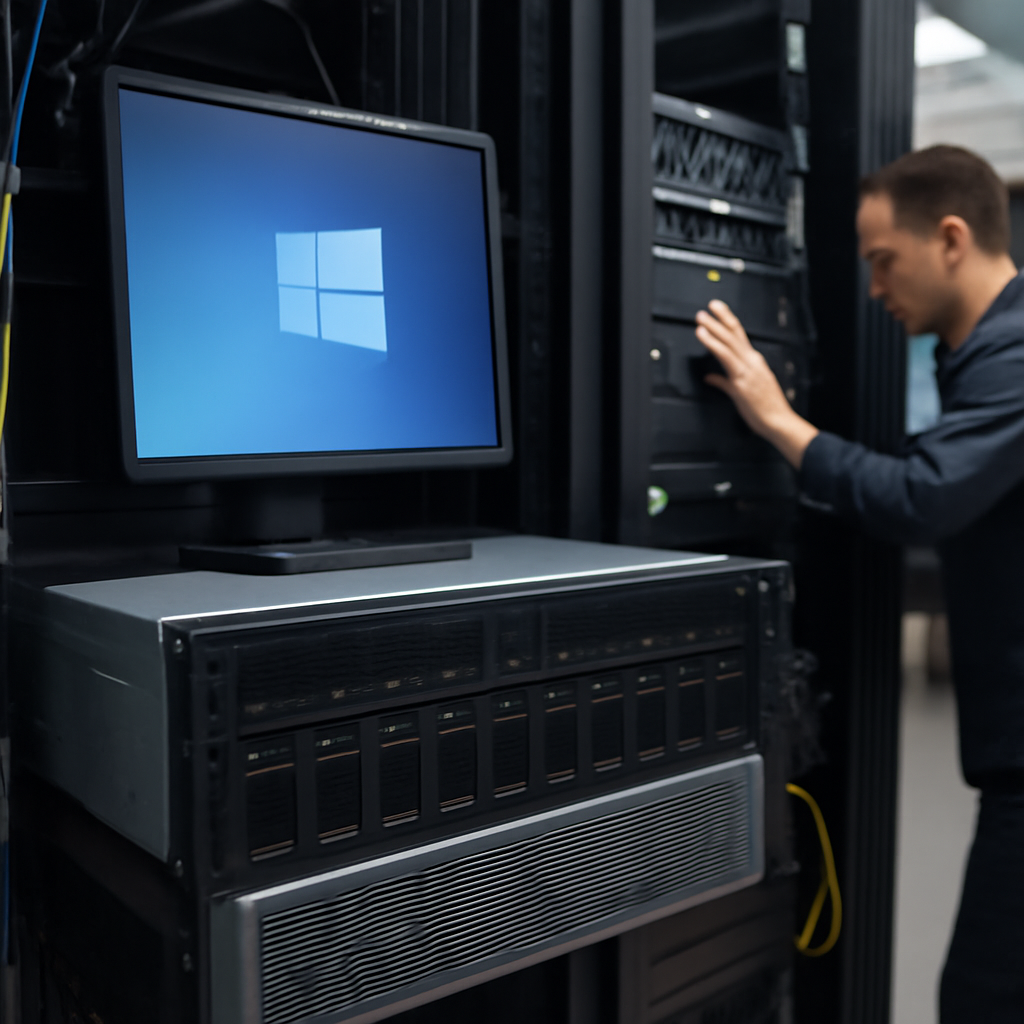 Windows server hardware in a data center with urgent atmosphere.
