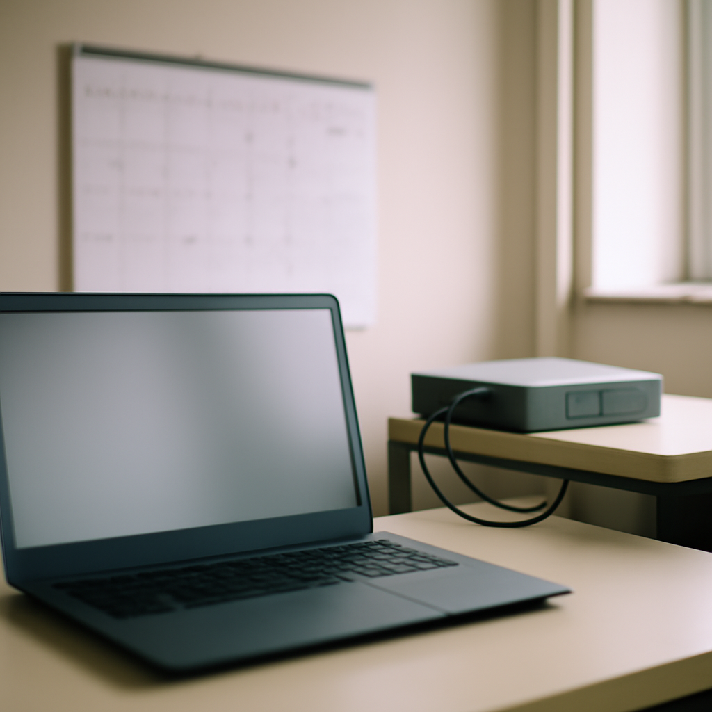 Empty office with laptop and router on shelf, cables neatly arranged.