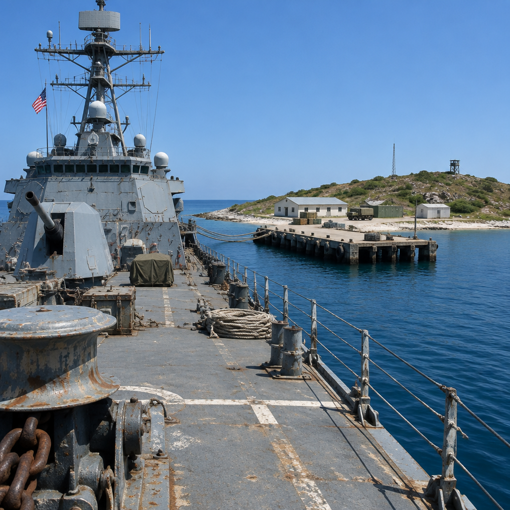 US Navy warship docked at remote island base with worn equipment visible.