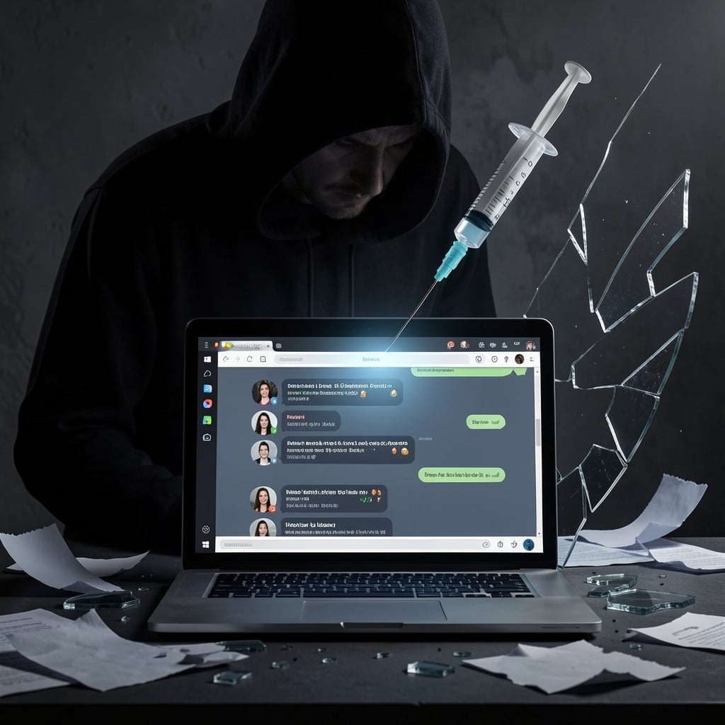 Shadowy figure looms over laptop with chatbot interface as syringe hovers above, surrounded by shattered glass and torn…