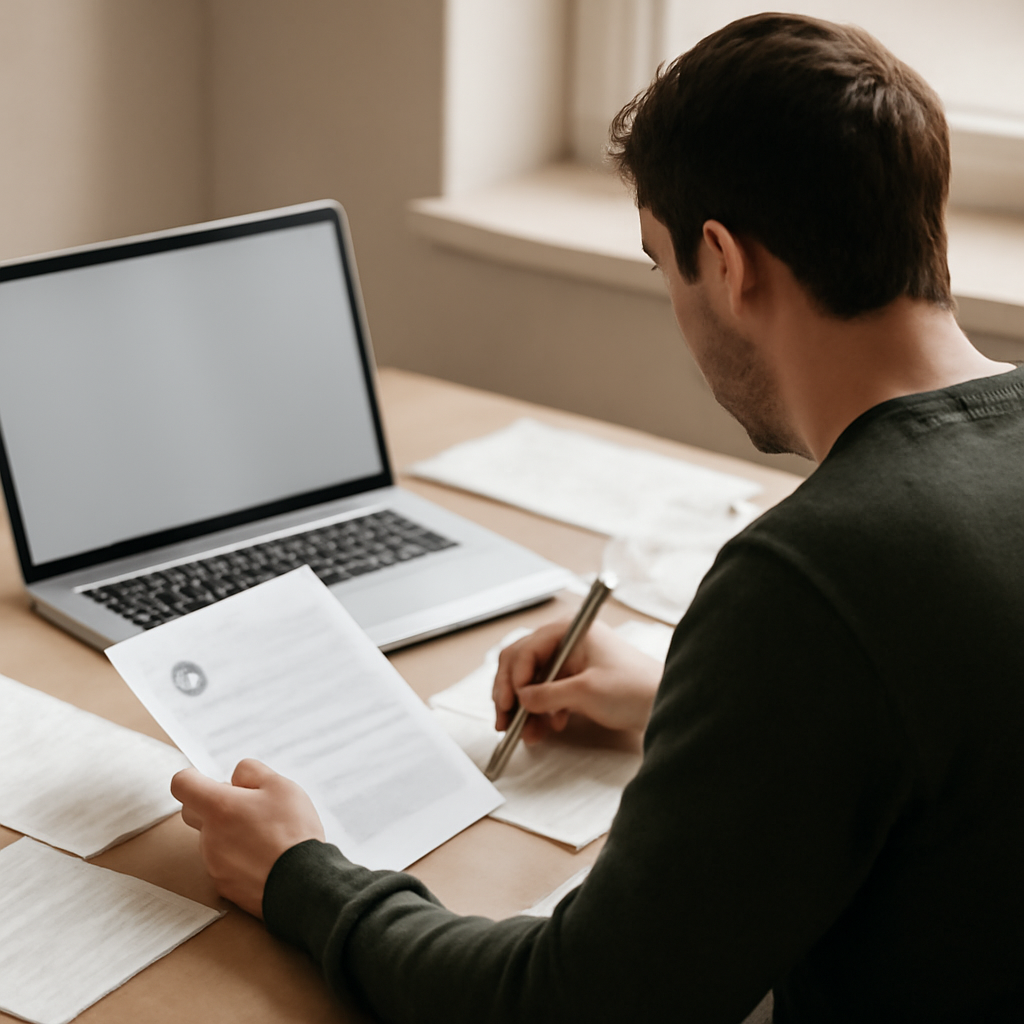 Security practitioner examines notes and laptop at office desk.