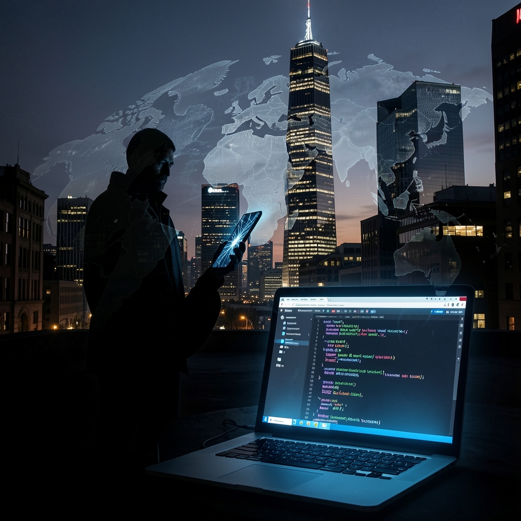 Lone figure in shadows holds cracked smartphone, near eerie glowing laptop, against ominous cityscape backdrop.
