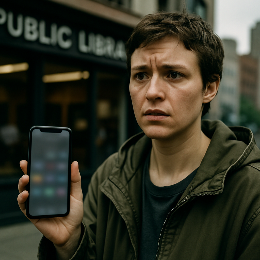 Person holds smartphone with blurred screen, looking concerned in front of public library.