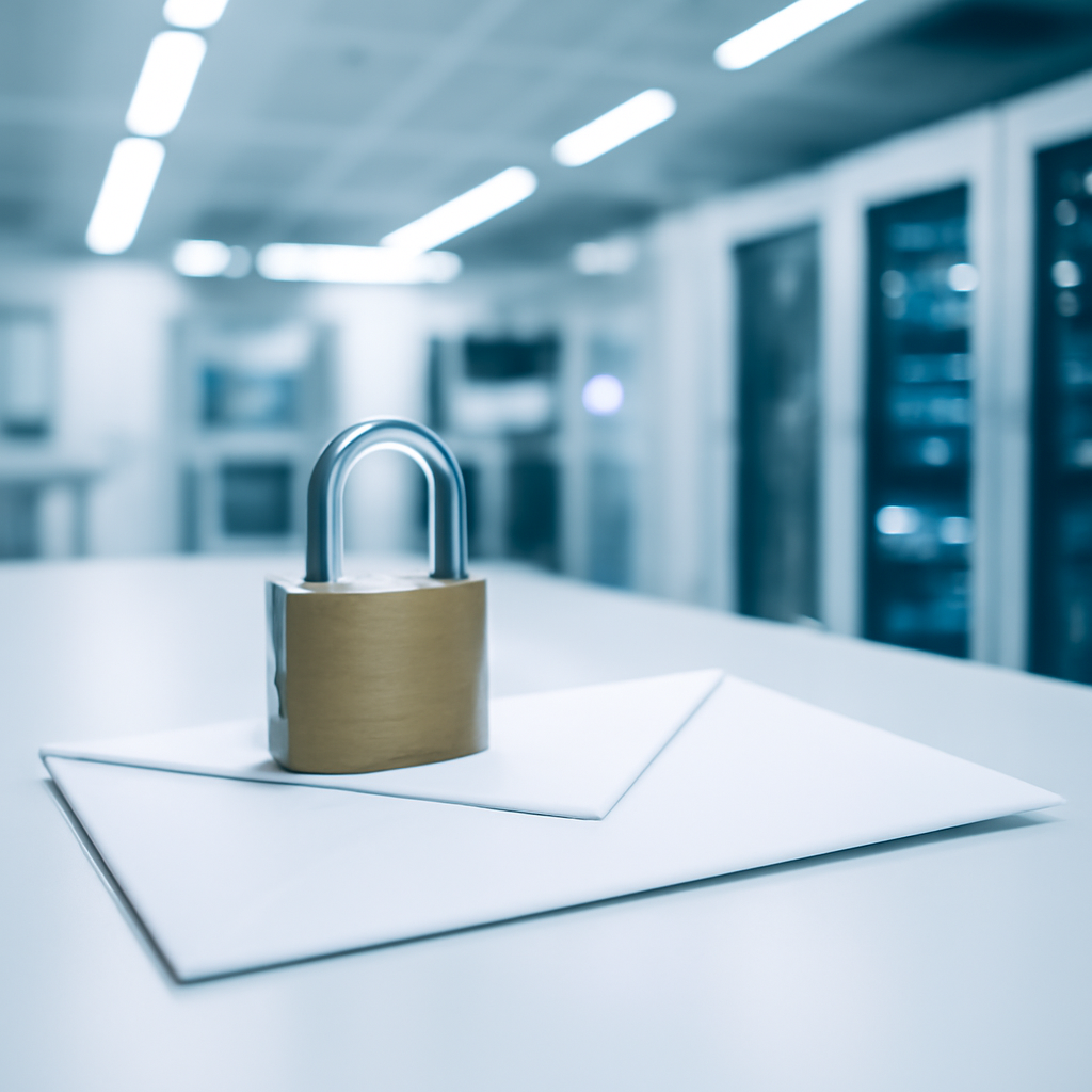 Locked padlock in foreground, blurred high-tech lab background symbolizing secure encryption.