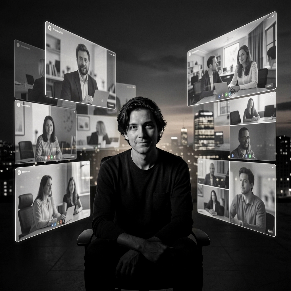Person in dimly lit room surrounded by blurred, ghostly video conference screens looks directly at camera.