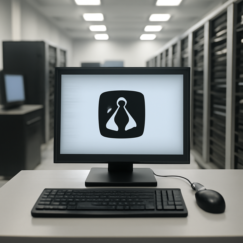 Linux server equipment in a modern data center with a single unoccupied workstation in the foreground.