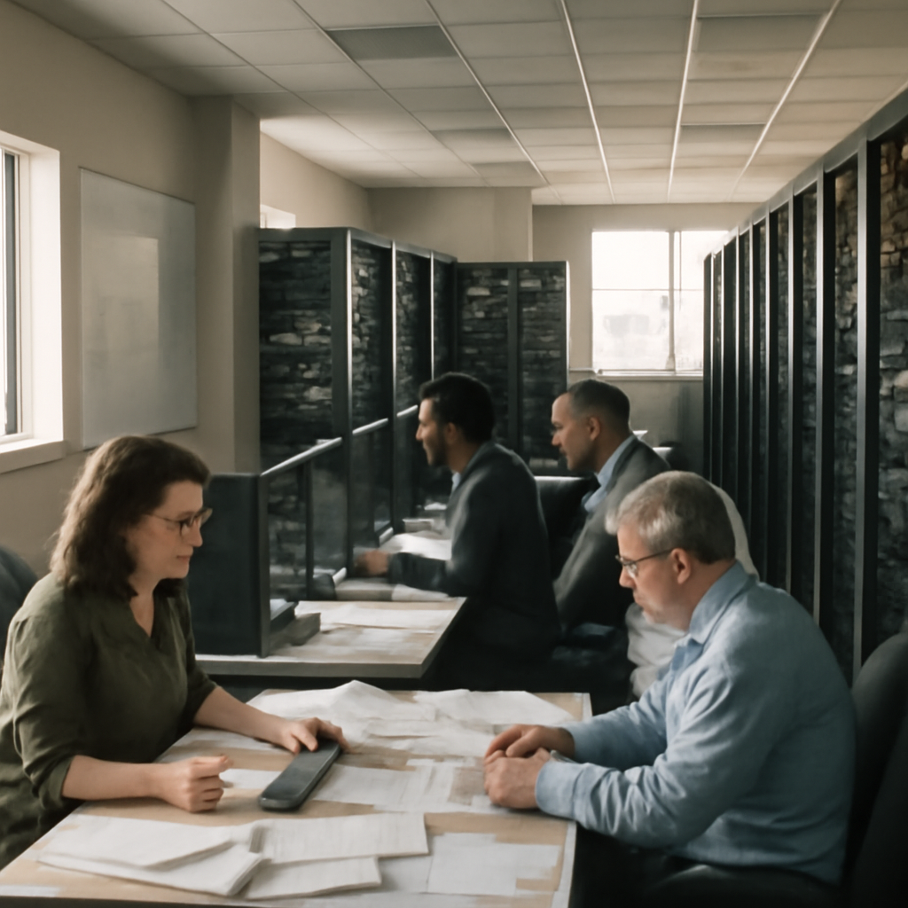 Government IT staff work in a data center with computer servers and networking equipment.