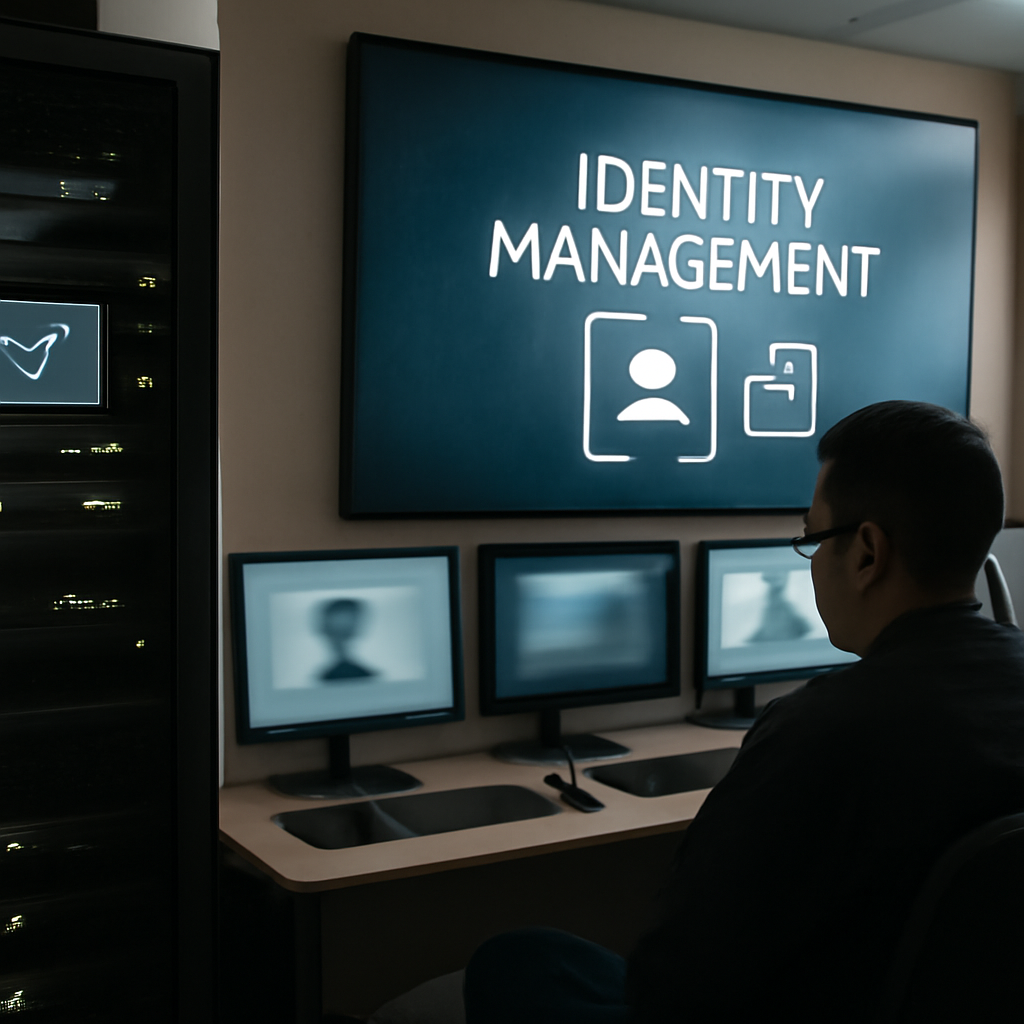 Server room with identity management console and authentication system equipment.
