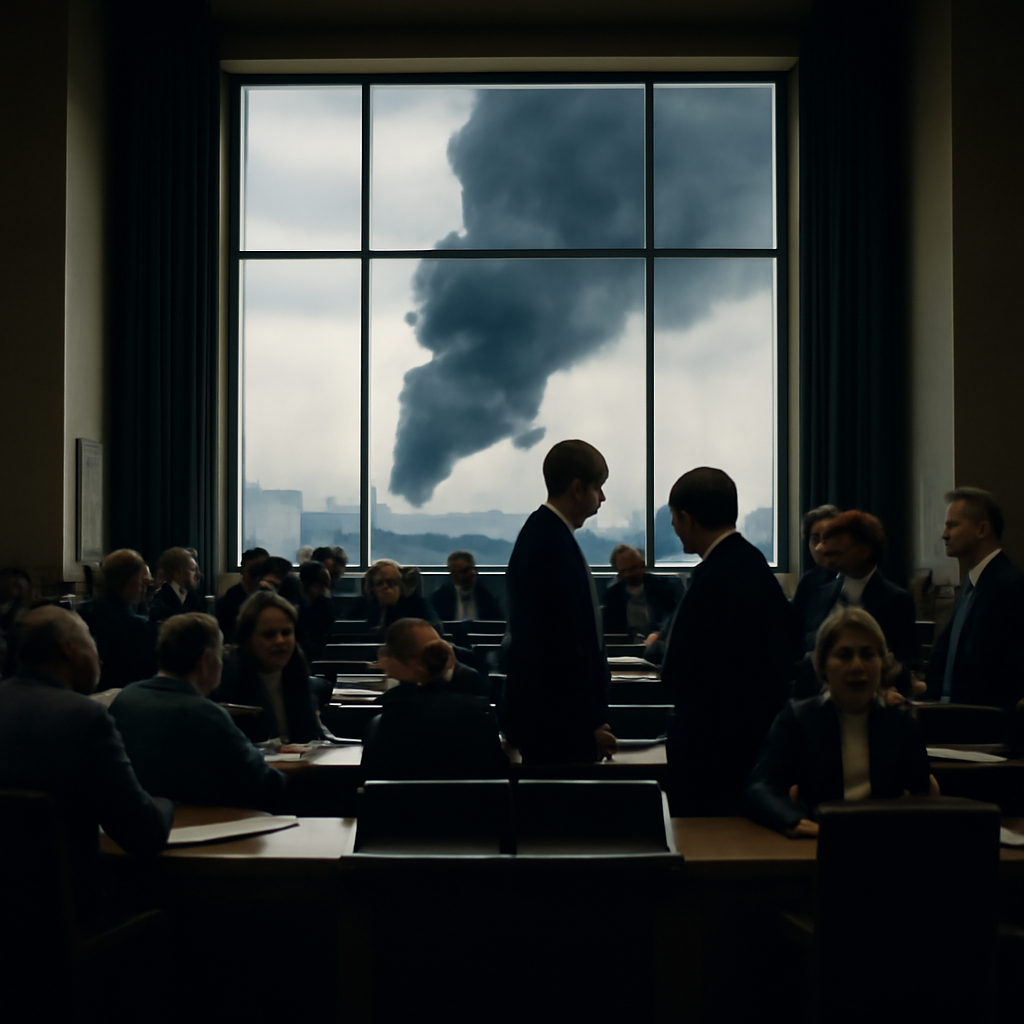 Formal meeting attendees gather as smoke rises from a distant location outside.