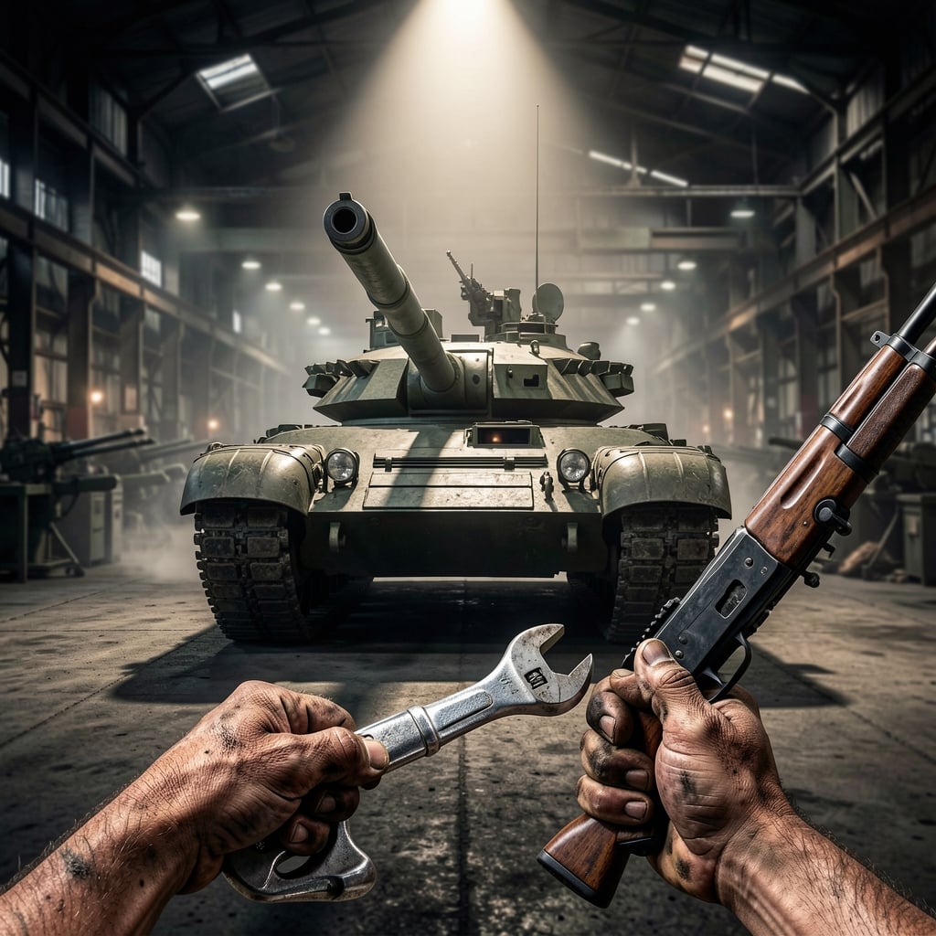 Military tank emerges from factory under spotlight, with hands holding wrench and rifle in foreground.