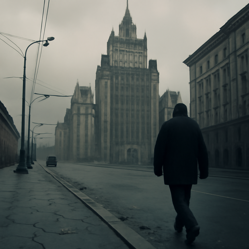 A lone pedestrian walks down a cracked Moscow sidewalk past a historic government building.