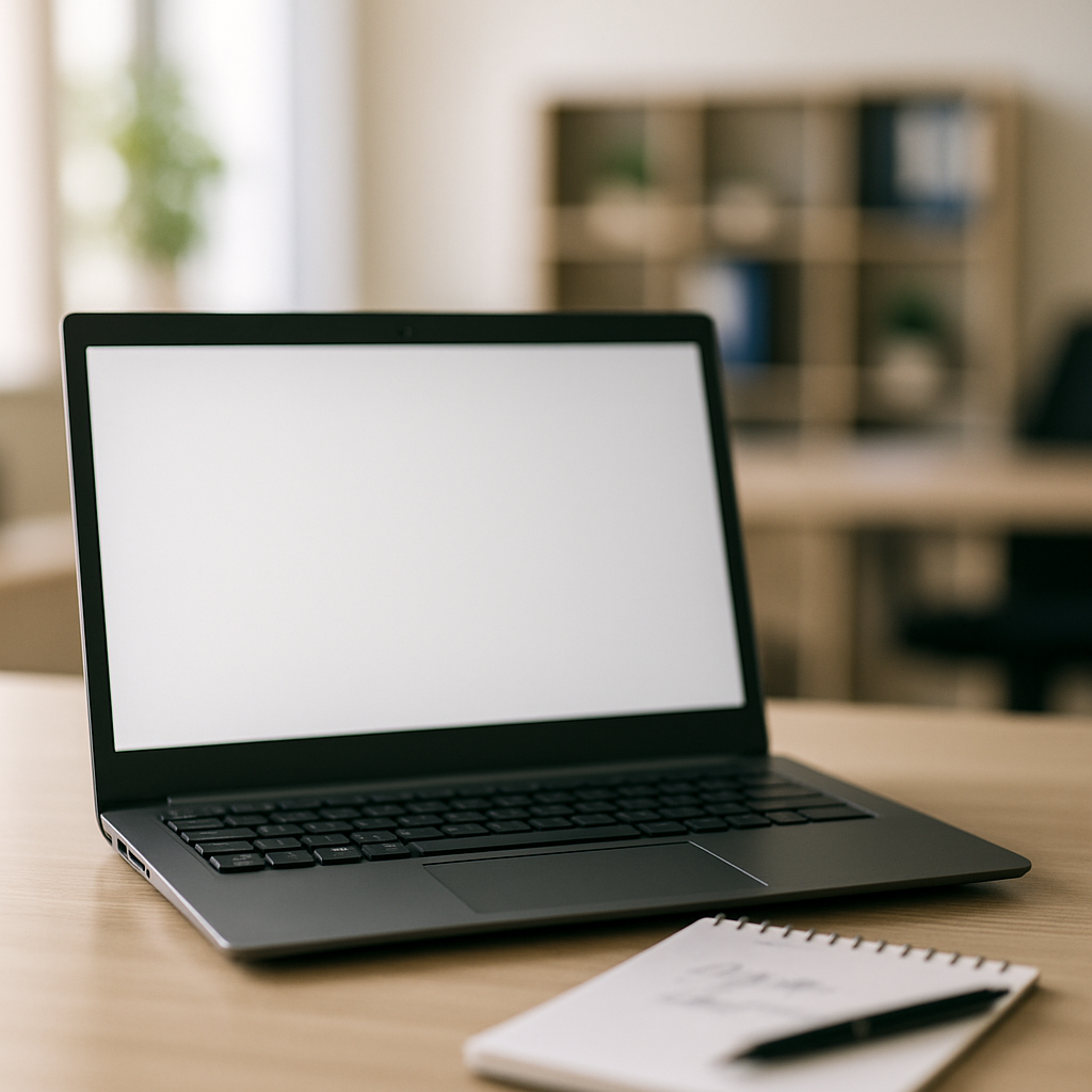 Windows computer workstation in an office with a blank laptop screen and notepad.