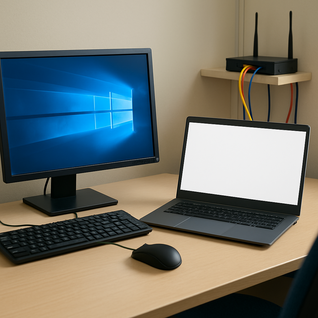 Windows computer workstation in an office setting with router and cables, and a blank laptop screen on the desk.