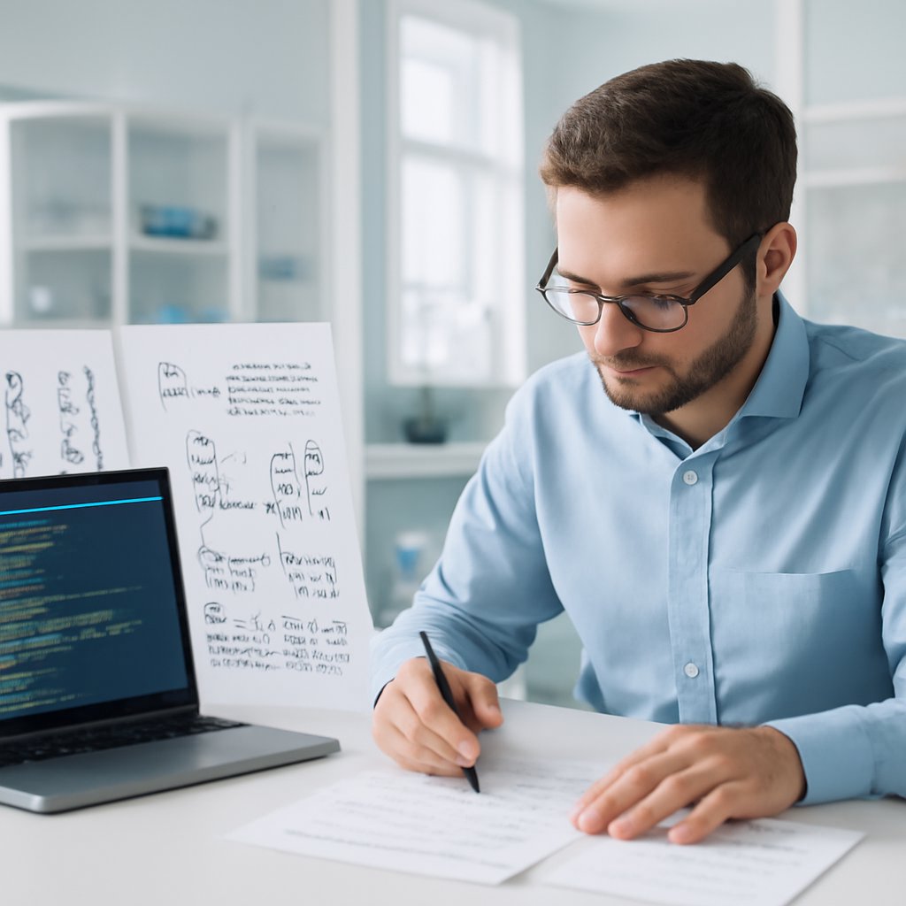 Developer works at a station with laptop and cryptographic diagrams nearby.