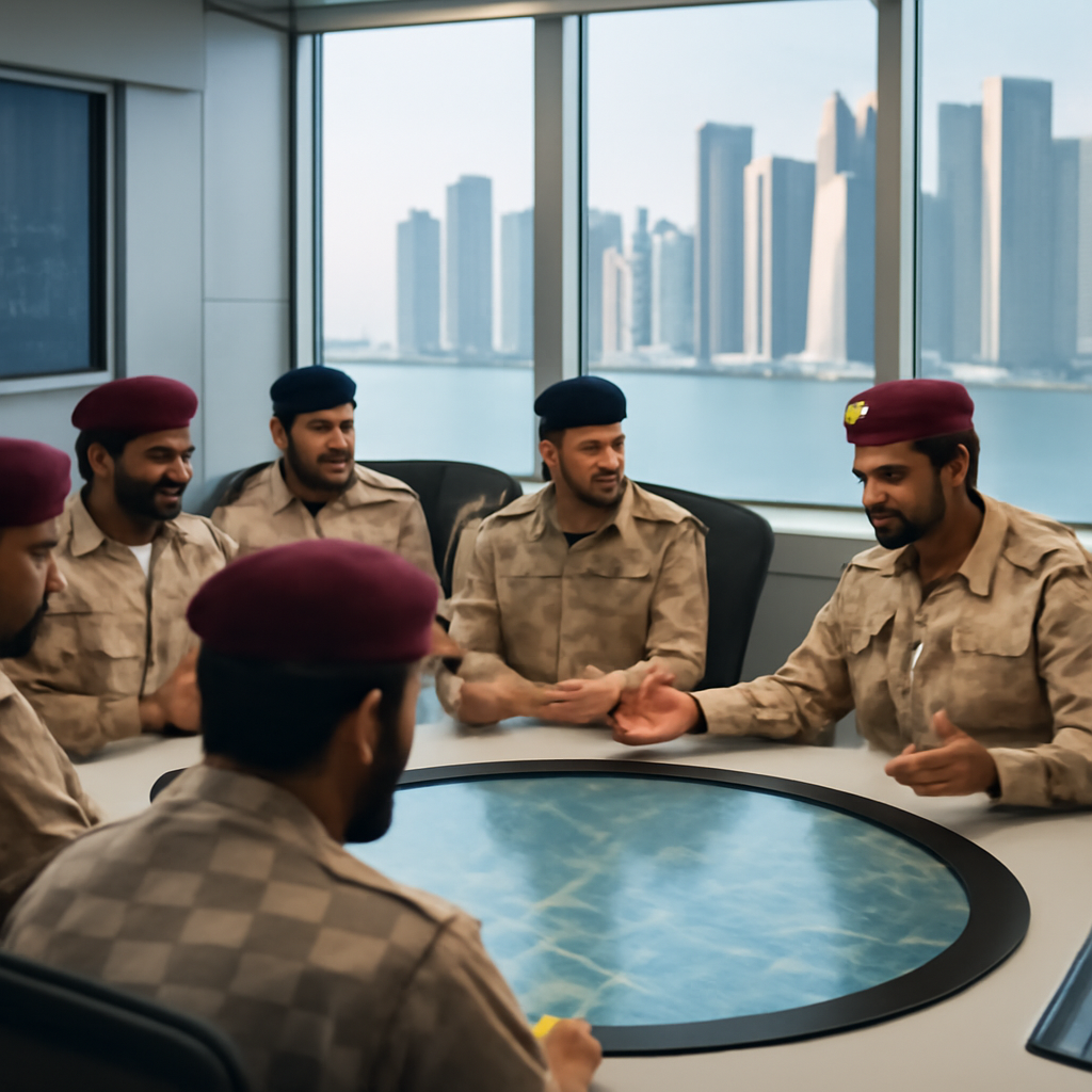 Qatari military officials gather around a circular table in a modern operations center overlooking the Doha skyline.