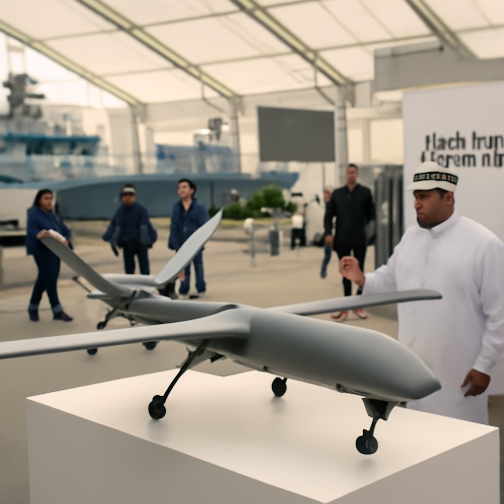 Modern drone on display at defense exhibition with naval vessels in background.