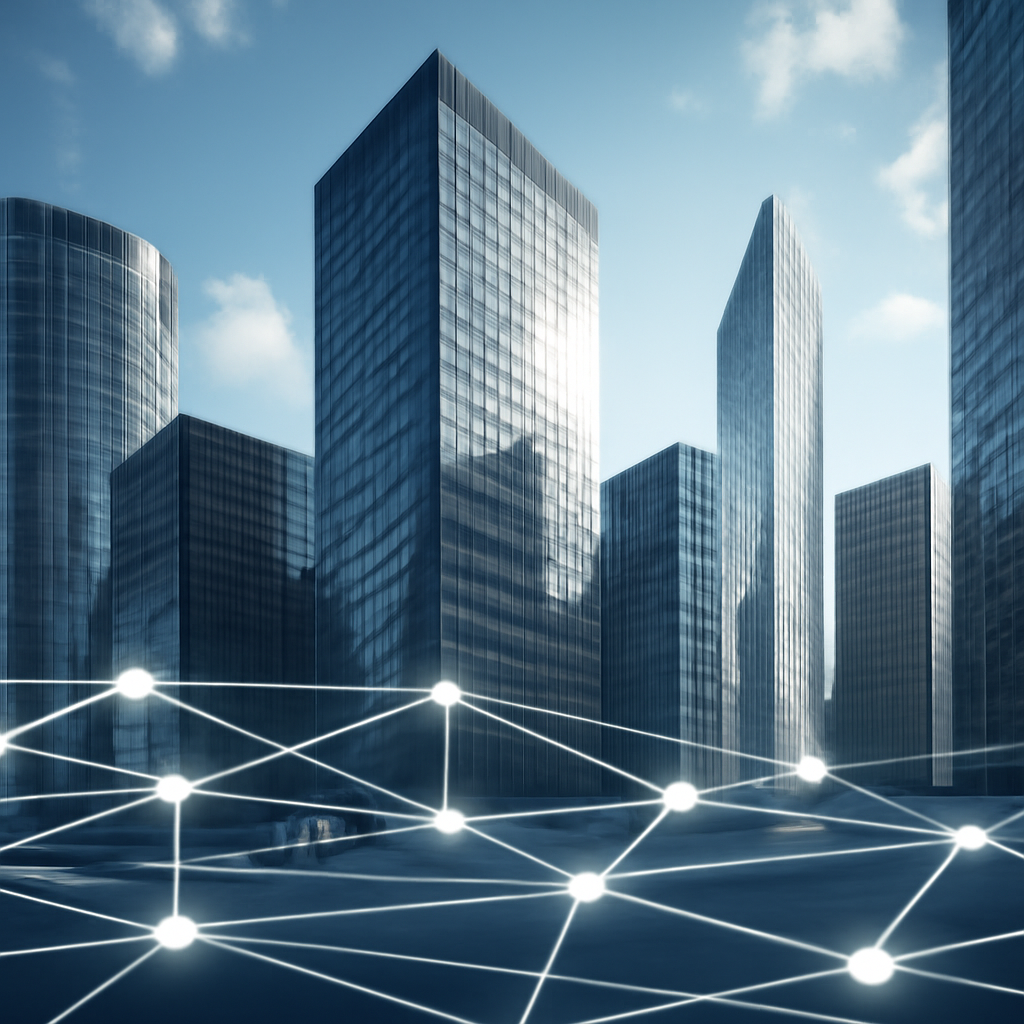 Modern office buildings with subtle network infrastructure in foreground.