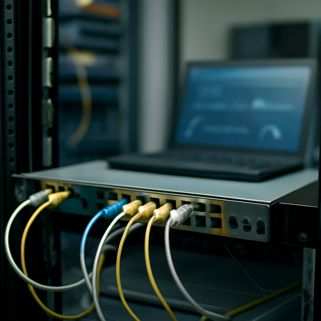 Network equipment on a rack in a mid-tone lit IT room with blurred background.