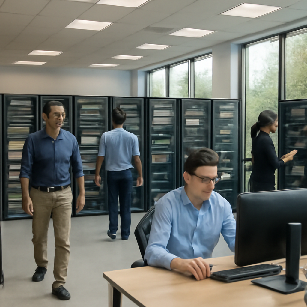 IT staff work in a network operations room with rows of equipment and technology.