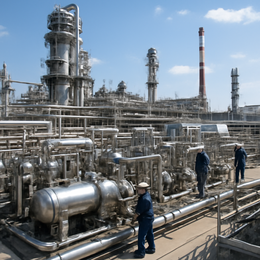 Large industrial facility with machinery and equipment in foreground and sprawling complex of buildings and storage tanks…
