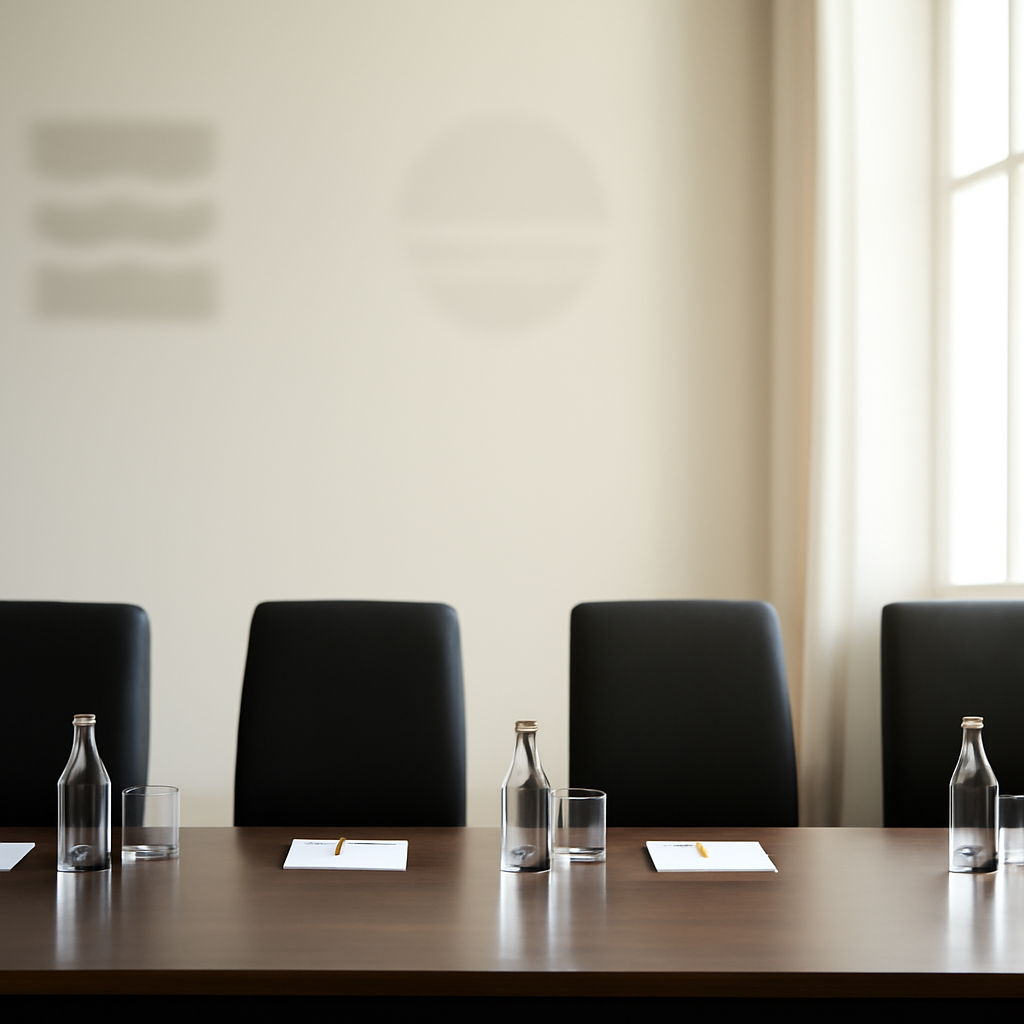 Empty chairs surround a central table in a minimalist conference setting with natural daylight and abstract background…