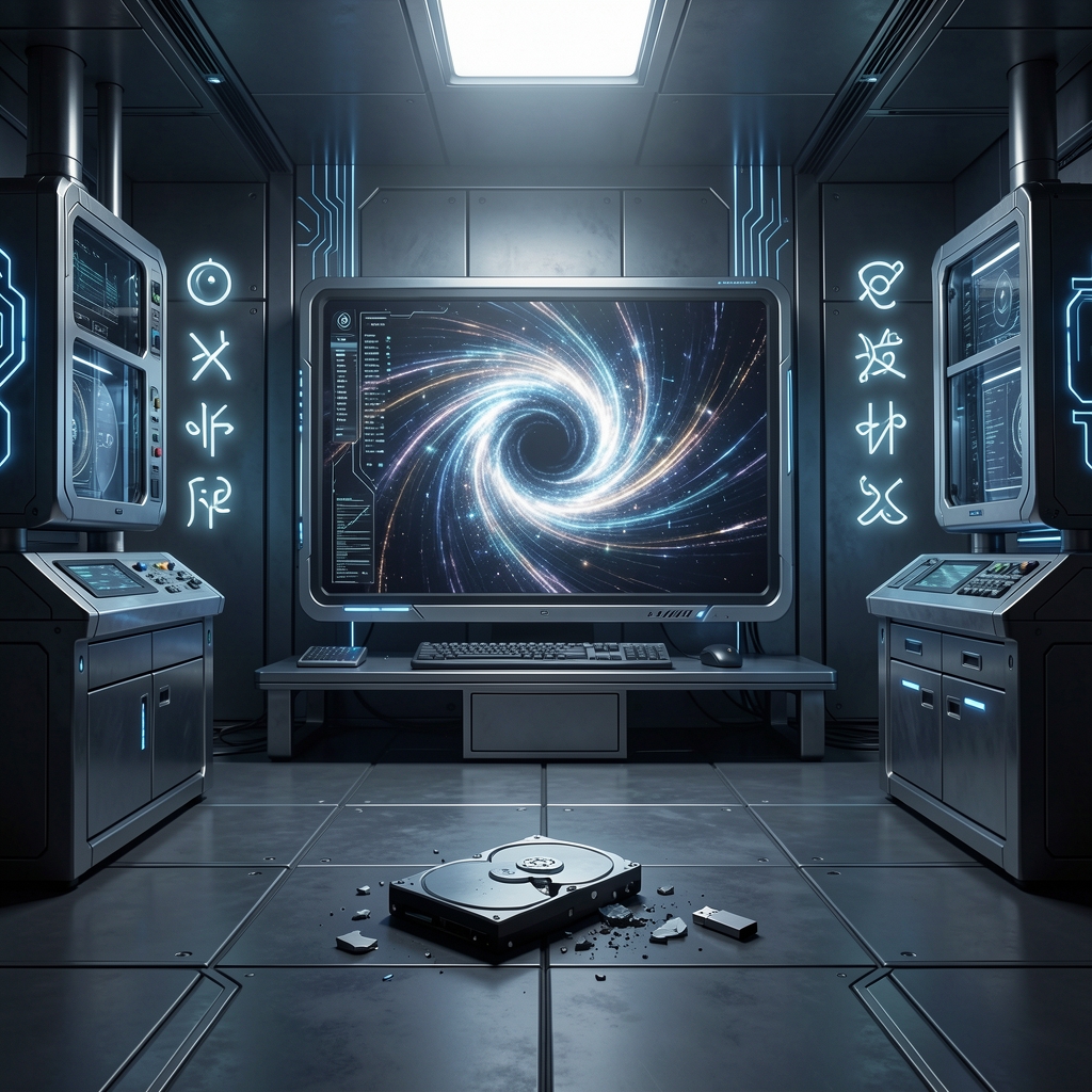 Futuristic lab with sleek equipment and glowing circuits surrounds a large computer screen displaying a swirling vortex of…