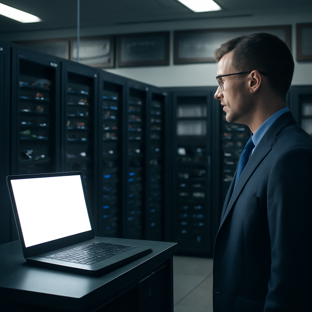 Cybersecurity professional examines laptop in secure server room.