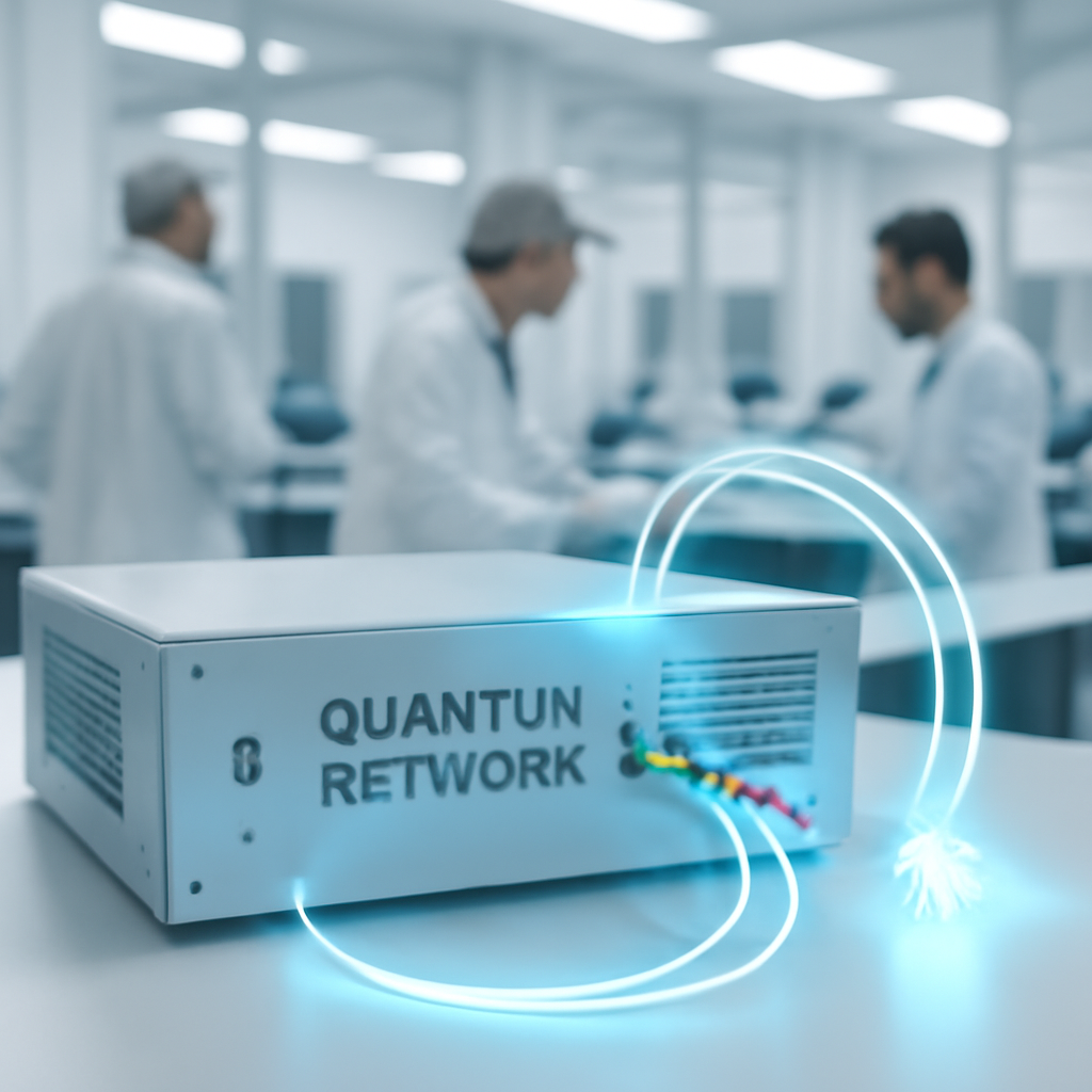 Scientists in lab coats work behind futuristic telecommunications equipment on a neutral surface in a clean-room setting.