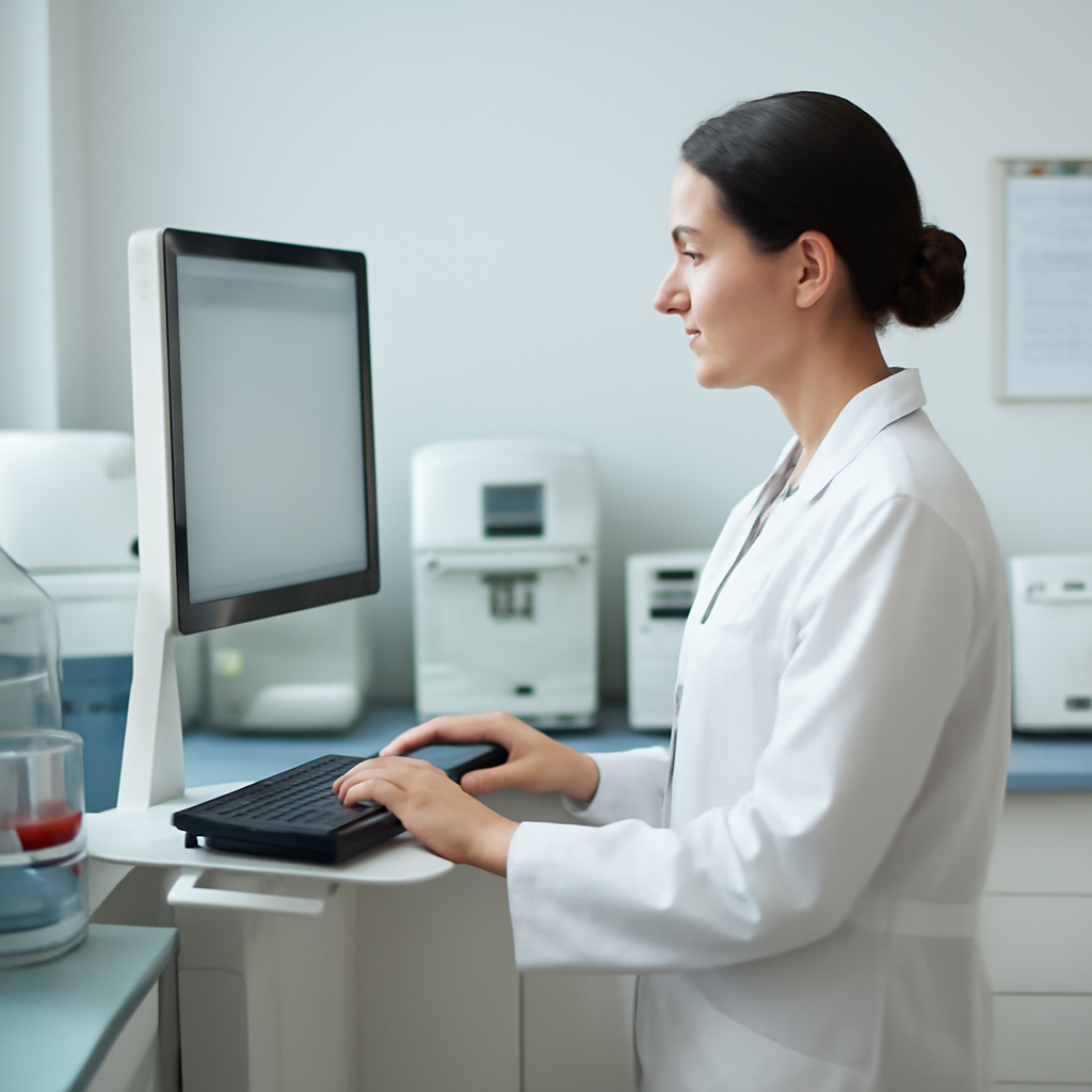 Healthcare professional stands by computer terminal in medical lab setting with patient file in background.