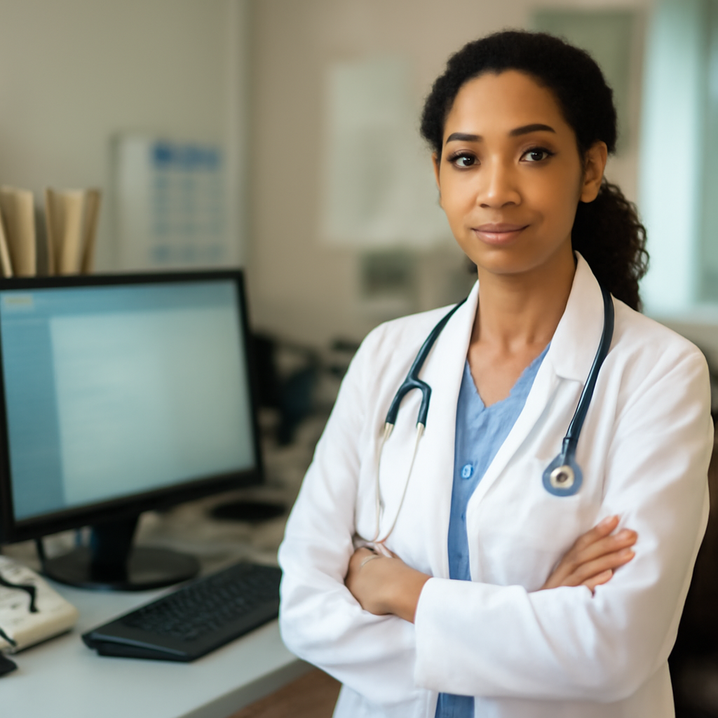 Healthcare professional stands at computer workstation in medical office setting.