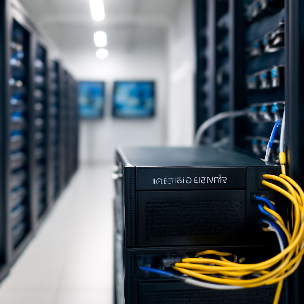 Rows of computer servers and networking equipment in a brightly-lit data center with a single server prominently displayed…