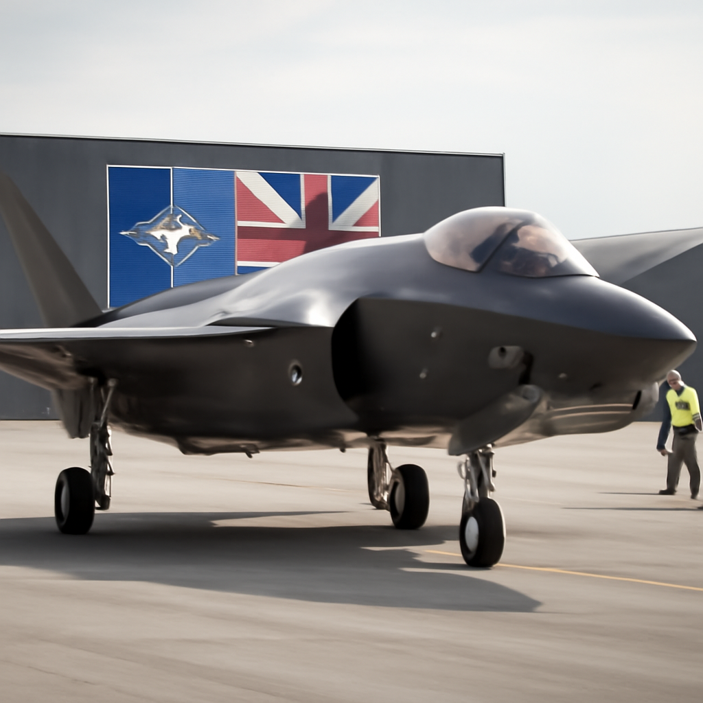 Royal Air Force F-35A aircraft on a runway with a subtle NATO or UK military background.