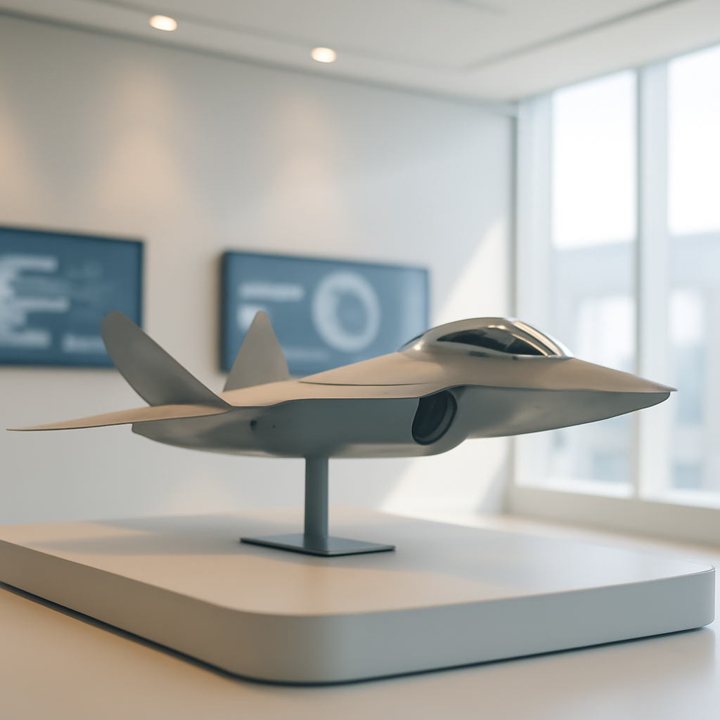 Futuristic fighter jet model on display stand against minimalist background.