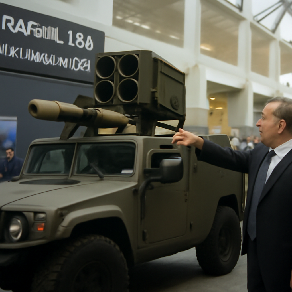 Military vehicle with TOW launcher and Rafael USA, Leonardo DRS rep pointing at it.
